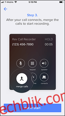 在 Rev 应用程序中录制拨出电话的教程的第 3 步。 点击 